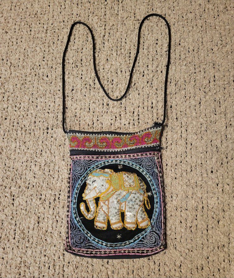 WOMENS VINTAGE SEQUIN ELEPHANT EMBROIDERED CROSSBODY BAG 
