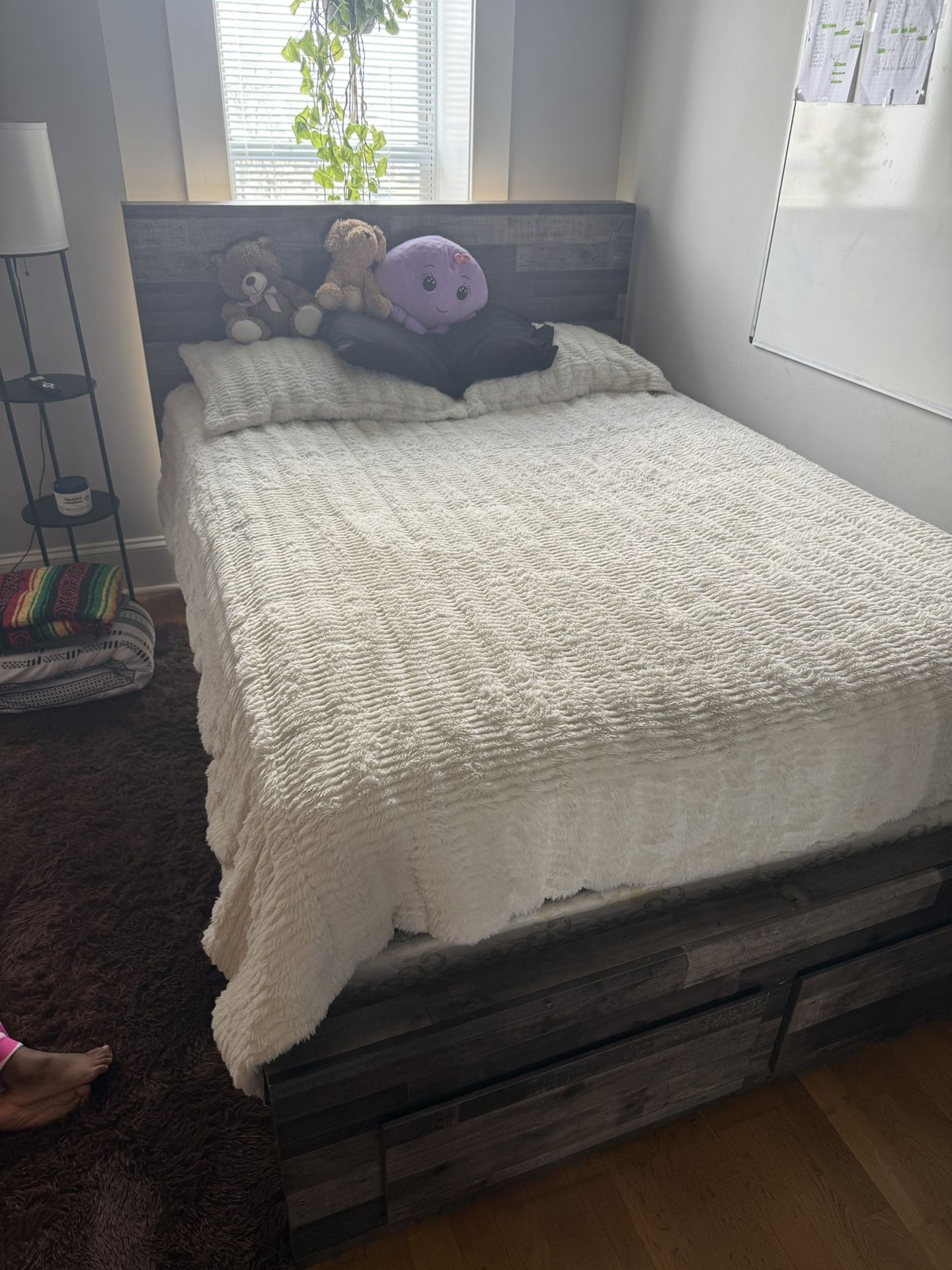 Headboard/frame with drawers, mattress and box spring included.