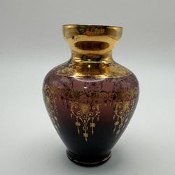 Vecchia Murano Italian Vase, Amethyst with 24k Gold Detailing - 5”