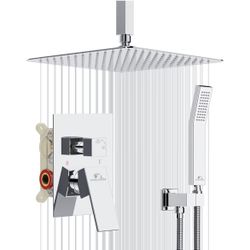 SunCleanse Rainfall Shower System Polished Chrome Ceiling Mounted Shower System Combo Set with High Pressure 12 Inches Square Rain Shower Head Handhel
