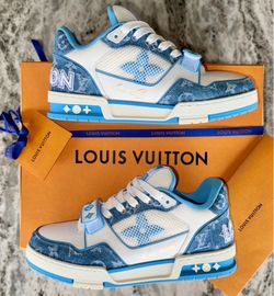 Authentic Louis Vuitton Trainer Sneakers Monogram Denim LV Size 6 w/ Original Box Dust Bags (No Trades)