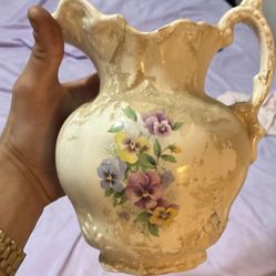 Vintage Ceramic Floral Glazed Pitcher Cream Multicolor Round Handle