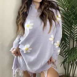 New Lavender Fringe Daisy Print Distressed Mini Sweater Dress - Women's XS, Nwt
