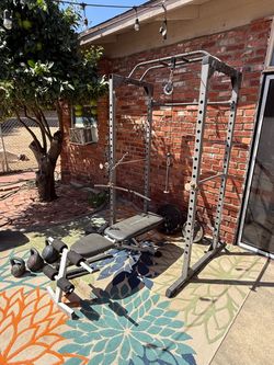 Home Gym Power Rack w/ Pulldown, Bench, Weights & Kettlebells – $200