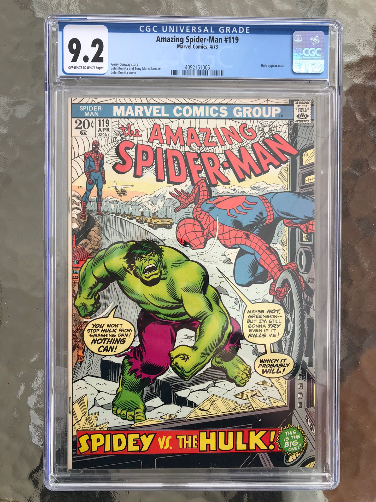 Amazing Spider-Man #119 (1973) CGC 9.2 — O/w to White; Spider-Man vs. The Hulk