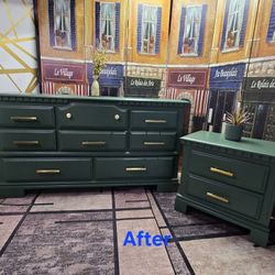 Beautiful Green Dresser With Nightstand 