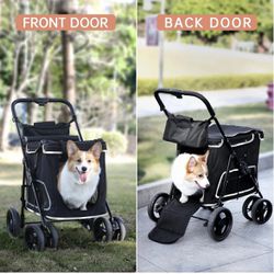 Pet Wagon Stroller with Dual Entry&Tops, Detachable Storage Bag One-Click Folding 4 Wheel Pet Cart Stroller for Small&Medium Dogs Cats Walk Travel