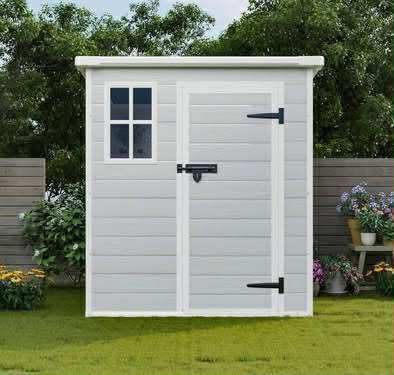 New in Box Resin Outdoor Storage Shed 6 x 6 FT Waterproof Shed Two Windows Floor Lockable Door