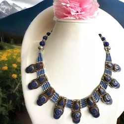 Stunning & vintage tribal theme hand crafted inlay Lapis set in Tibetan silver 18”inch