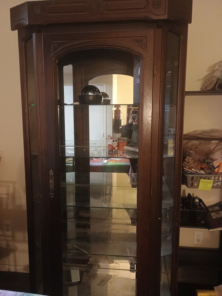 Dark Oak Wood Curio Cabinet With Glass Shelves