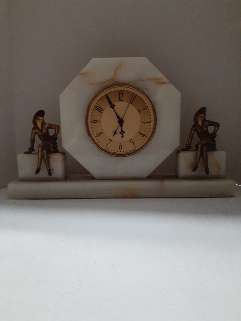 Very Very Rare J.B. Hirschfeld Art Deco Lady Gay Chick Onyx Marble Clock 17"×10"×3 1/2"