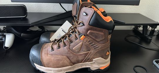 Men Size 10 Brown Leather Work Boots with Orange Accents