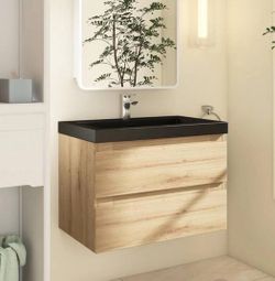 #410AB 30 in. W x 19.5 in. D x 22.5 in. H Single Sink Wall-Mounted Bath Vanity in Oak with Black Resin Top