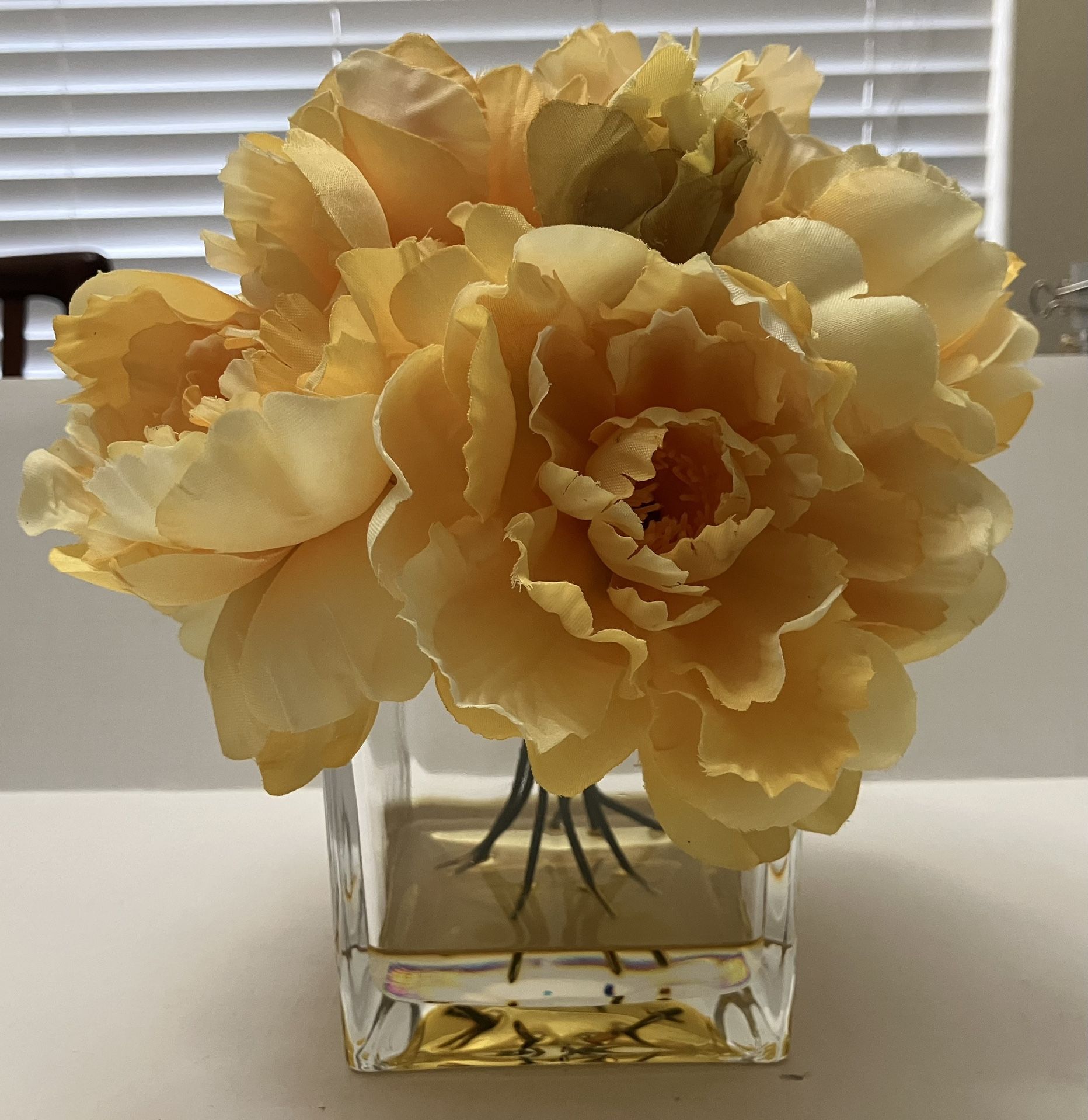 Yellow Peony Arrangement in Square Glass vase 4x4 Faux Silk Flowers Floral Decor