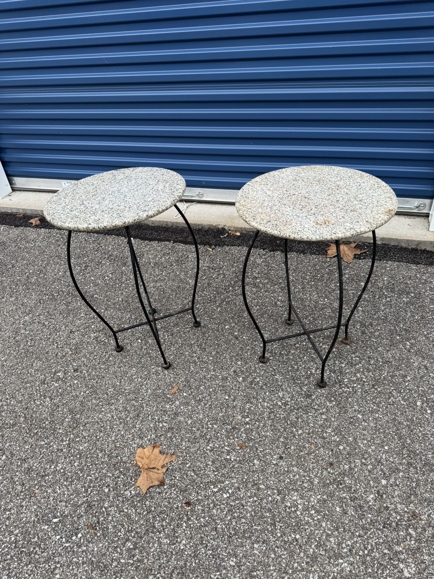Pair Of Vtg MCM Granite Round Top w/ Wrought iron Base Plant Stand Side Table 16 1/4” wide 16 1/4” deep 23 1/4” tall