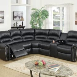 Brand New Black Leather Power Reclining Sectional Sofa 