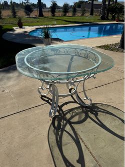 Round Glass Patio Table with White Metal Frame