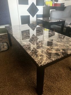 1 Marble-Top Coffee Table with Black Legs / 2 Marble End Tables with Black Legs/ Grey Sofa