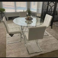 Circle Chrome/ Tabletop Glass Dining Table And White Chairs🥂5 Piece Kitchen/ Dining Room Set🌟Financing Options ☑️ Showroom Available 🏠Color Options