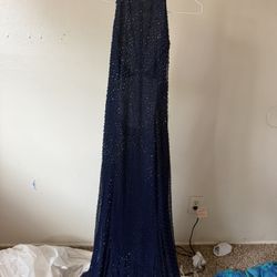 Pretty Navy Blue Open Back Beaded Gown 