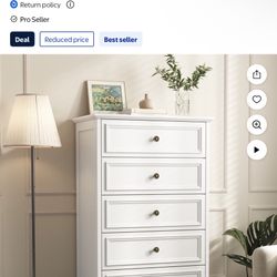 New 5 Drawer Dresser for Bedroom, Retro Wood Storage Cabinet with Antique Bronze Round Handles, Vintage Chest of Drawers with Solid Base for Living Ro