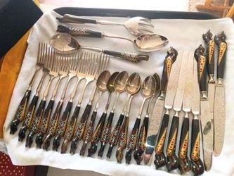 Vintage Haddad Jezzine Lebanese Phoenix Flatware Set - Hand-Carved Buffalo Horn