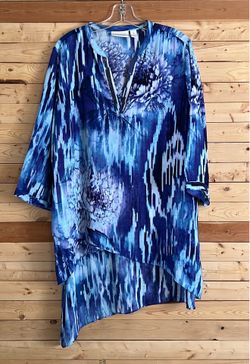 Chico’s Women’s Blue Purple Woven Dream Floral Pattern Sequins Tunic Top size 3