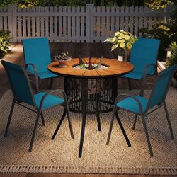 Patio Set of 5,  Round Patio Coffee Table with 3.3 Gallon Ice Bucket, 31.5 Inch Solar-Light Cooler Side Table with Outdoor Stackable Dining Chairs for