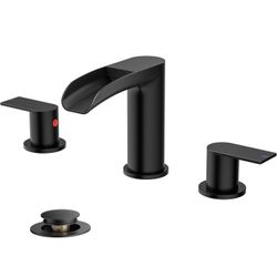 FORIOUS Bathroom Sink Faucet, Black Waterfall Bathroom Faucet Widespread 8 Inch 3 Hole with Pop-Up Drain and Water Supply, All-Metal Construction and 