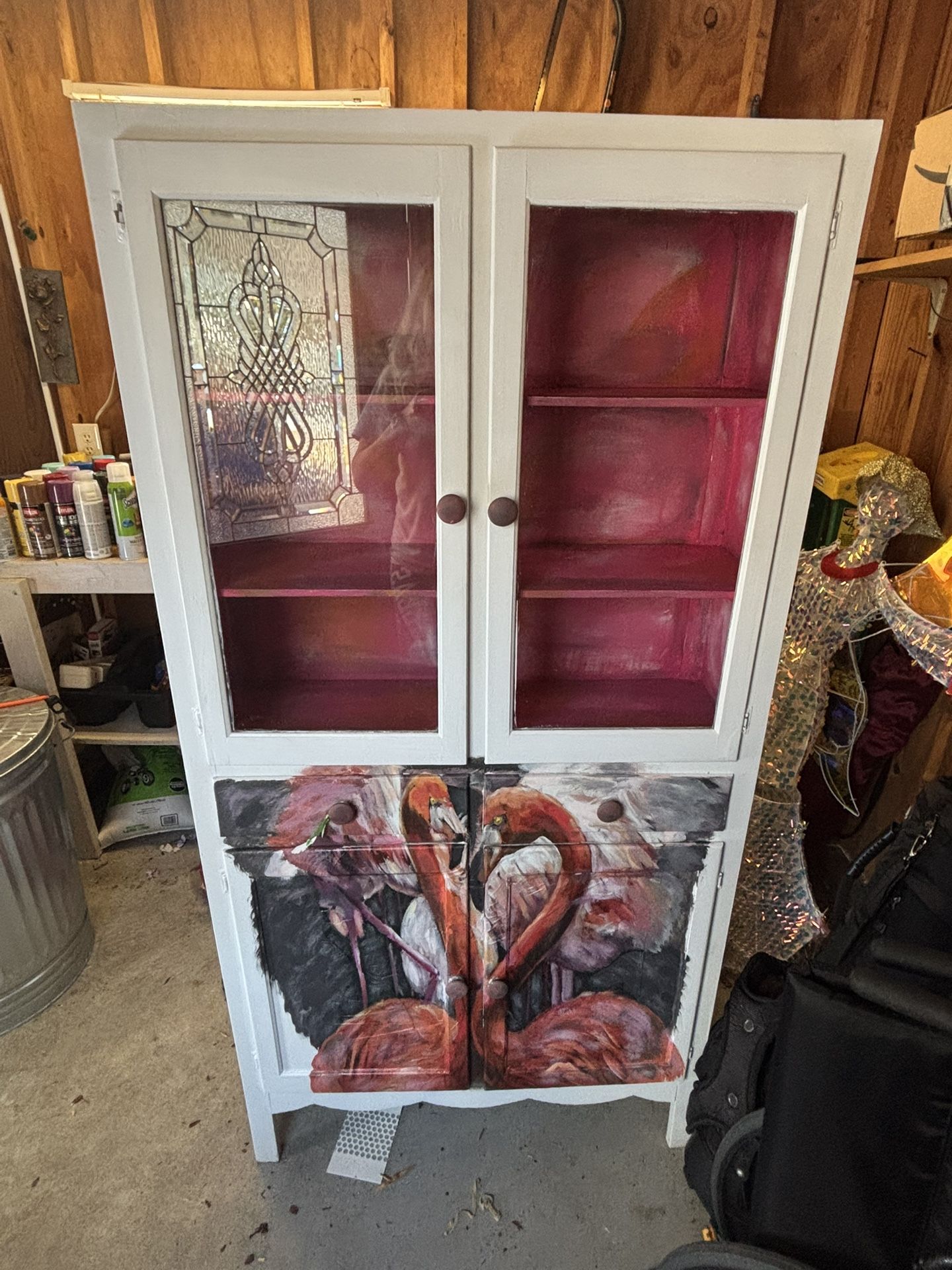 Hand-Painted Flamingo Curio Cabinet