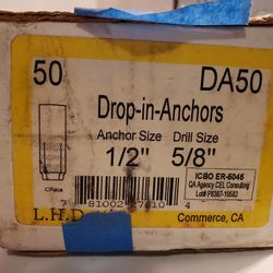 Box Of 30 Drop-in-anchors 1/2 /5/8 Drill Sz