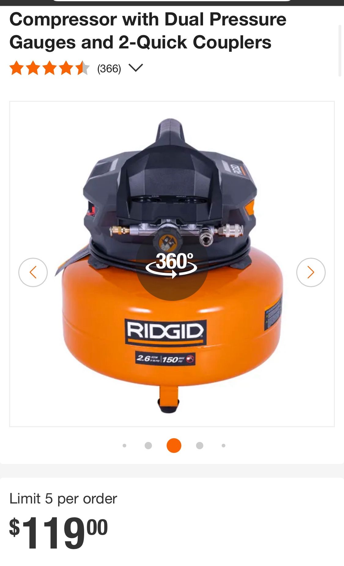 RIDGID 6 Gal. 150 PSI Portable Electric Oil-Free Jobsite Pancake Air Compressor with Dual Pressure Gauges and 2-Quick Couplers