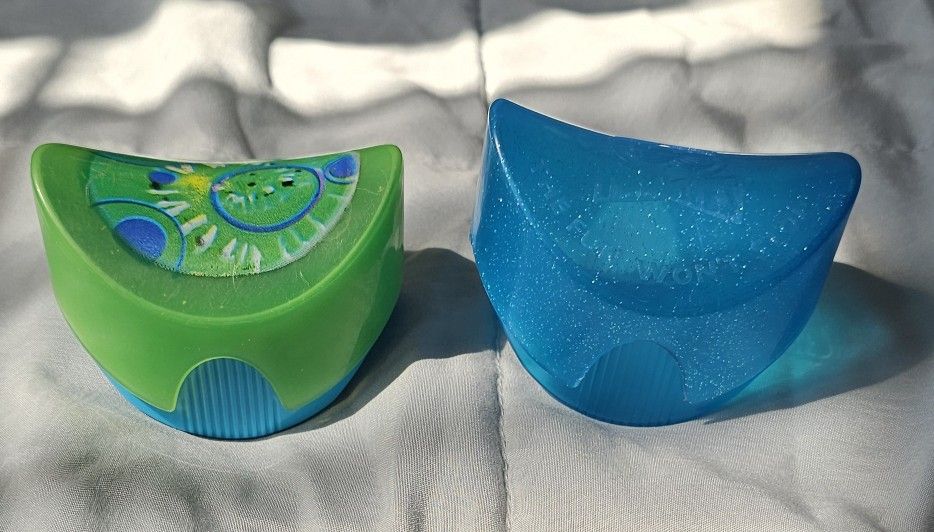 Vintage Pringles Potato Chip Holder Snack Container - Blue Sparkle Glitter andVintage Light Blue-Green Pringles Chip Container