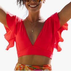 Sporlike Ruffle Shoulder Bikini Top Hot Pink Size Medium