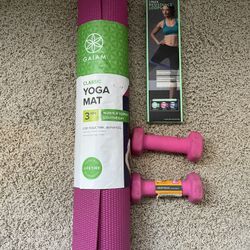 Yoga Mat, 2 Lb Weights and Bands