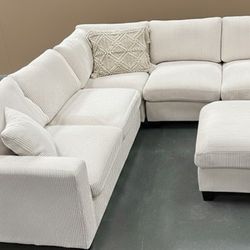 Beautiful! 4-pc Sectional Sofa With Ottoman Ivory Corduroy New 