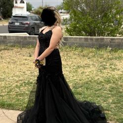 Black Lace And Glitter Formal Dress With Train