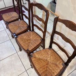 Vintage French Ladder Back Set of 4 Rush Seat Dining Chairs