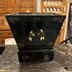 Vintage Chinese Hand Painted Jade Inlay Wood Square Planter 