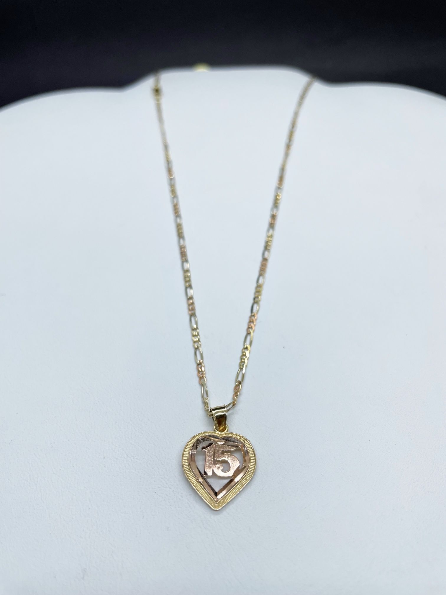 14k Solid Three Tone Gold Figaro Chain And quinceanera Heart   Charm , Neckleace Gold Pendant