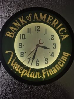 RARE ORIGINAL VINTAGE BANK OF AMERICA “TIMEPLAN FINANCING” ILLUMINATED ADVERTISING CLOCK — FULLY WORKING — $888
