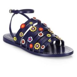 TORY BURCH Marguerite Floral Leather Flat Ankle-Strap Sandals Size 7.5 Blue Navy