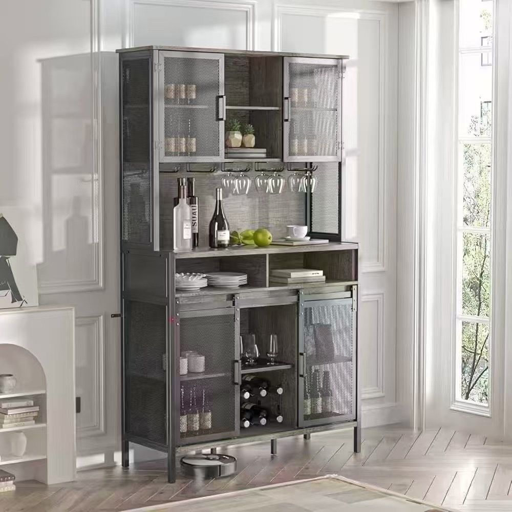 QNICE 72" Coffee & Wine Bar Cabinet with Sliding Barn Door, Farmhouse Buffet Cabinet with Wine Rack & Glass Holder, Led Storage Cabinet for Kitchen Li