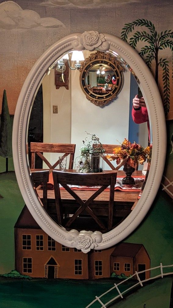 3.4ft X 2.4ft Oval Beveled Mirror With Carved Flowers