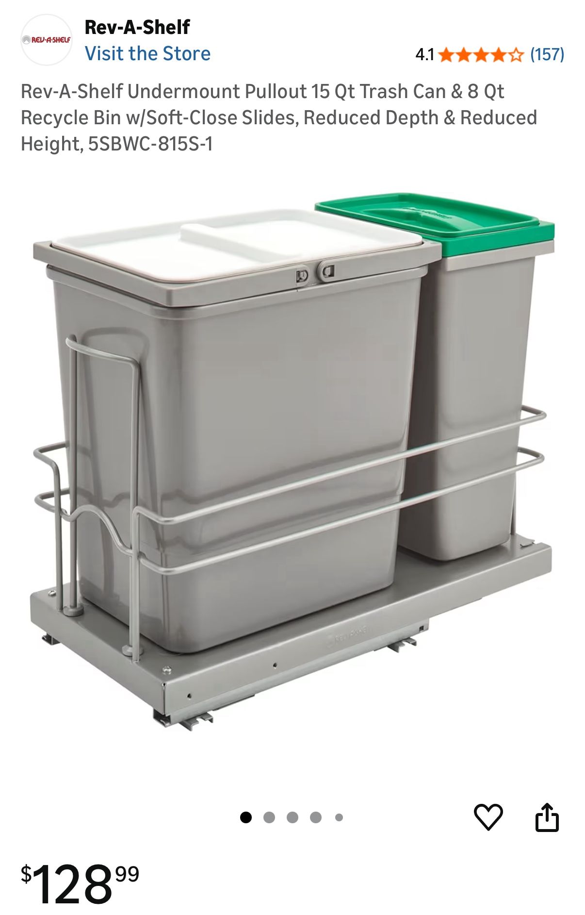 Rev-A-Shelf Undermount Pullout 15 Qt Trash Can & 8 Qt Recycle Bin w/Soft-Close Slides, Reduced Depth & Reduced Height, 5SBWC-815S-1