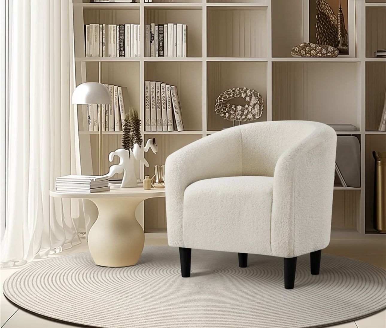 Upholstered Club Chair Accent Barrel Chair, Ivory