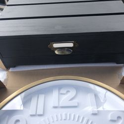 Brand new beautiful 16 inch wall clock and also beautiful wood monitor stand with drawer $20 each or take both for $35