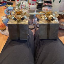 2 Metal Gold Colored Xmas Gift Boxes Candle Holders