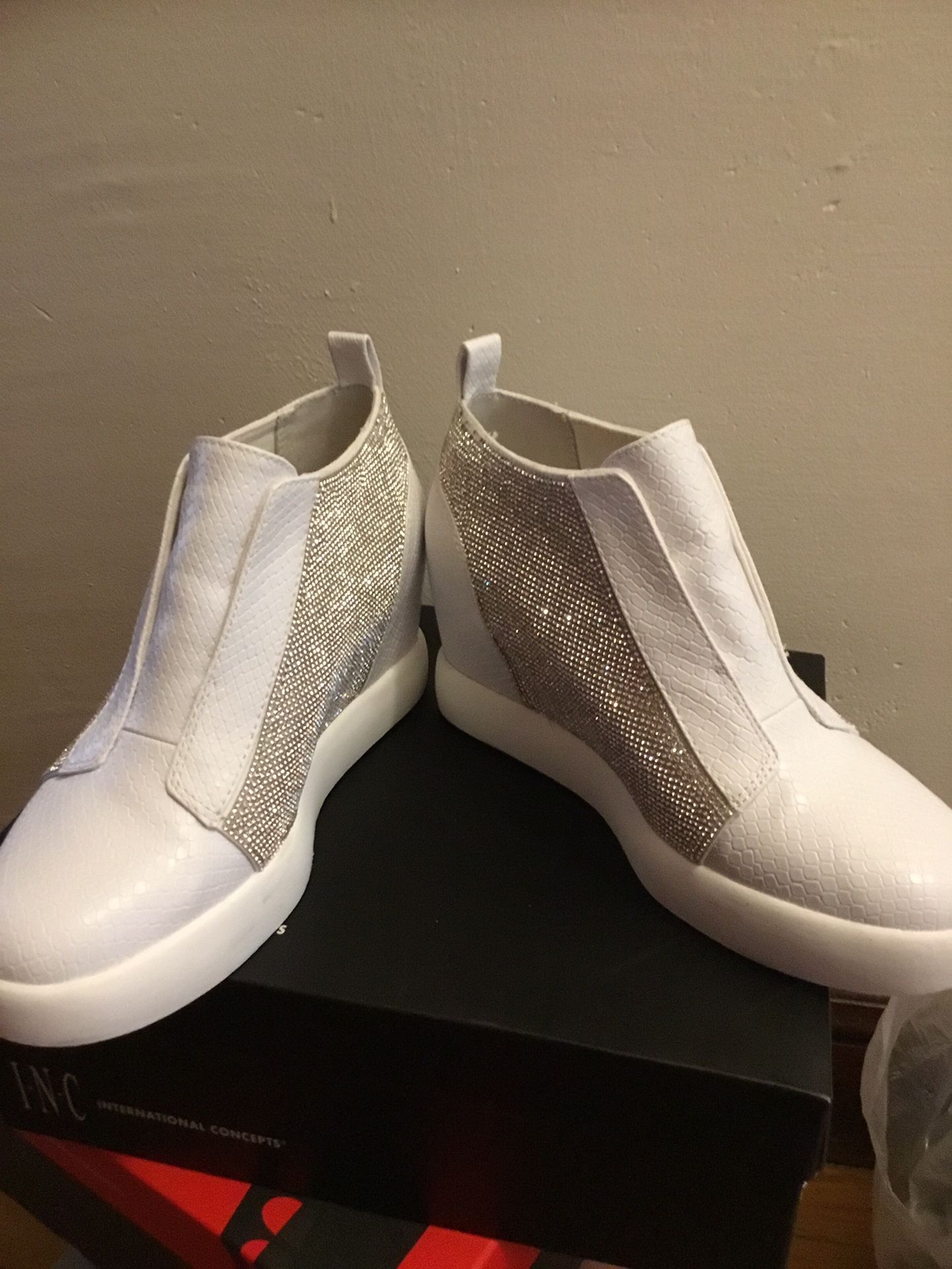 Rhinestone White Wedge Sneakers 