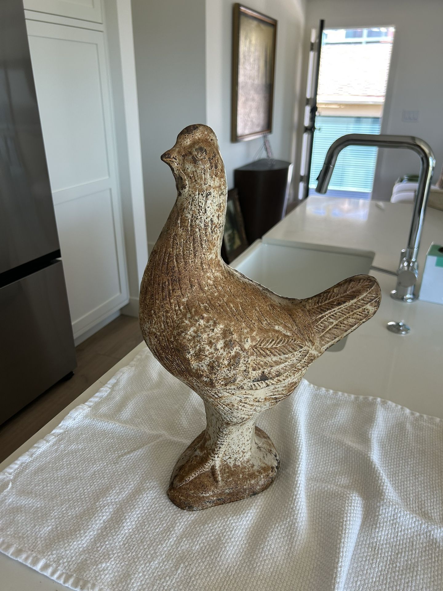 Large Late 19th c cast iron chicken terracotta  color outdoor rooster from France